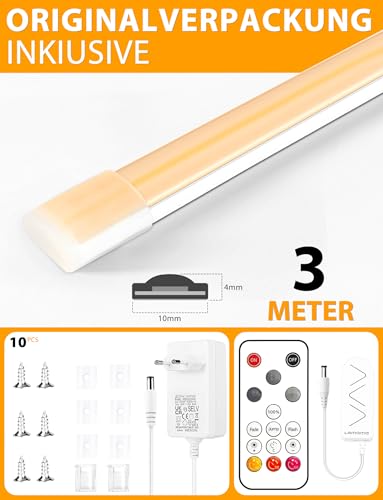 OYKYOHEI COB LED Strip, Warm White, Dimmable, 3 m LED Strip with Remote Control, 3000 K, Self-Adhesive, Waterproof Neon LED Strip, 10 mm Wide, Silicone Flexible Light Strip for TV, Bedroom, CRI90+
