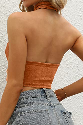 WOMEN GOING OUT CRISS CROSS PARTY SEXY WRAP HALTER NECK CUTE TRENDY CROP TANK CORSET TOP ORANGE
