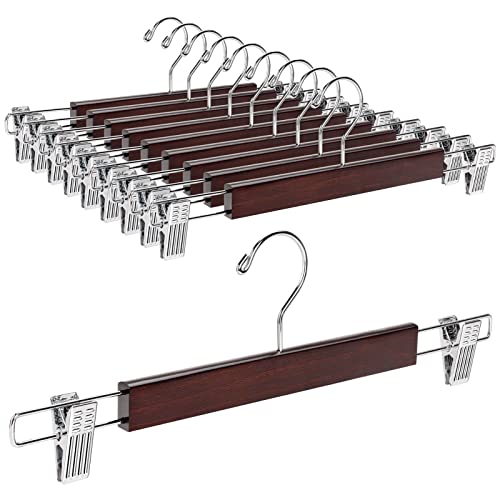 Amber Home 36cm Retro Wooden Pants Hangers 10pcs, Antique Smooth Wood Skirt Hanger with Adjustable Anti-Slip Chrome Clips, Walnut Brown Solid Clothes Hangers Rack for Bottoms Jeans Slacks Trousers