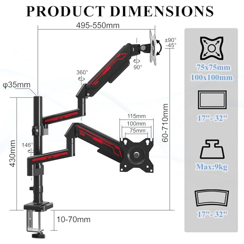 ETHU Dual Vertical Monitor Mount for 17-32 inch Screens, Height Adjustable Gas Spring Monitor Stand with 2 Arms, VESA 75x75/100x100, Each Arm Holds 2-9kg, C-Clamp and Grommet Base, Black