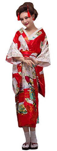 Soojun Women's Traditional Japanese Kimono Style Robe Yukata Costumes 3 Red