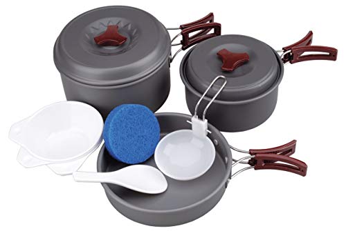 AceCamp Hard-Anodized Portable Camping Cookware Set, Stackable Nonstick Aluminum Cooking Mess Kit, Lightweight Family Pots, Pans, Cups, Bowls & More with Mesh Carrying Bag (Medium - 2-3 Person Set)
