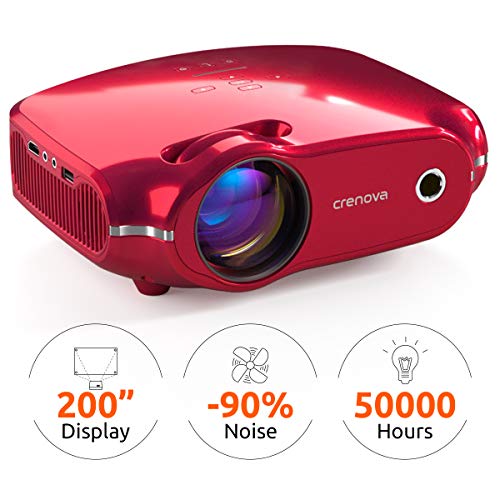 Crenova Mini Projector, 3200 Lux Portable Home Video Projector with 1080P HD Supported, 200″ Display, Compatible with HDMI, PC, Fire Stick, PS4, TV Box, VGA, TF, AV, USB – Red