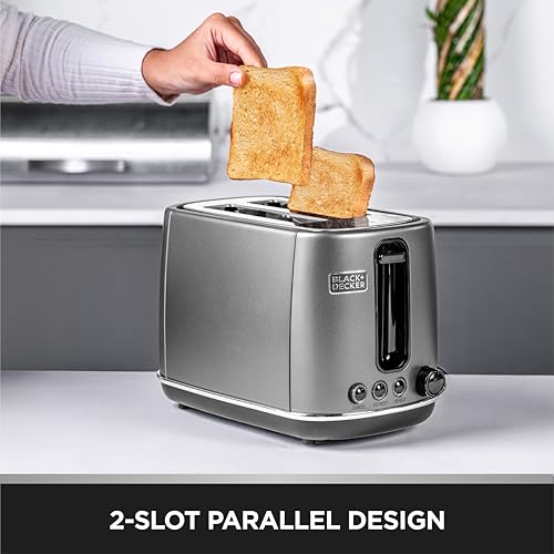 BLACK+DECKER Premium 2 Slice Stainless Steel Toaster – Defrost, Reheat, Cancel Buttons with LED | Extra Wide Dual Slots, 6-Level Browning Control, Removable Crumb Tray, 1050W Power | SSET225-B5