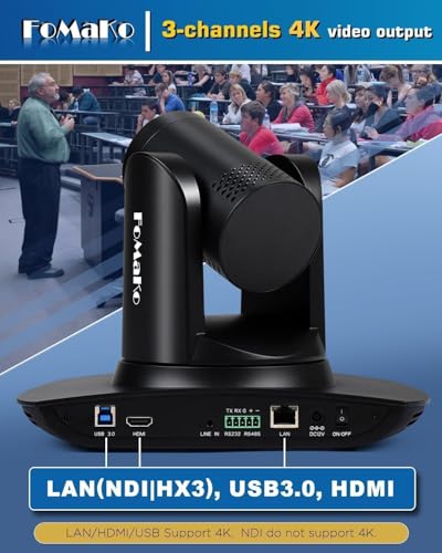 FoMaKo 4K PTZ NDI HX3 20x Optical Zoom AI Automatic Tracking Camera with HDMI/USB3.0/LAN(PoE) for Religious Service, Education, Video Conferencing, Youtube OBS Streaming, NDI License Included (K20UH)