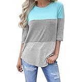 Striped Plaint Shirts for Women Flowy Loose Tops Patchwork 3/4 Sleeve Blouse