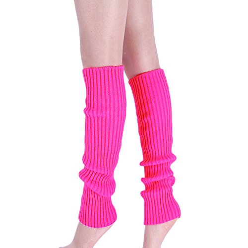 Womens Juniors 80s Ribbed Leg Warmers - Eighty's Knitted Crochet Long Sock Set (Hot Pink)