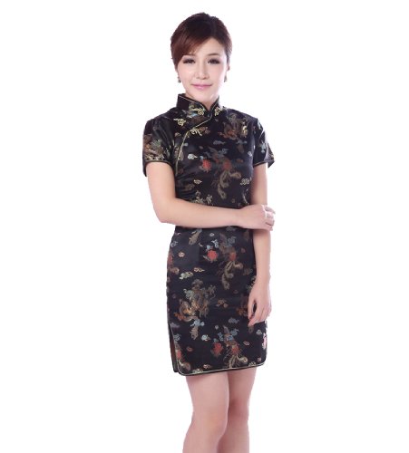 JTC Qipao Women's Chinese Dragon and Phoenix Cheongsam Dress Black