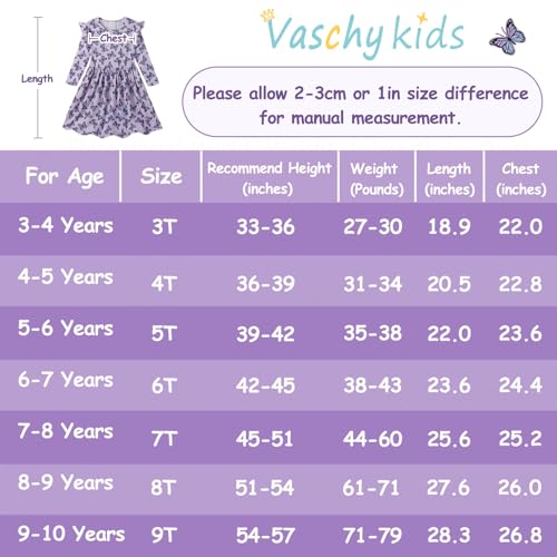 VASCHY Girls Dresses, Dress Long Sleeve Short Printed Dress Unicorn Princess Butterfly Mermaid Dresses Clothes Cotton Summer Party Holiday Dress 3-10 Years