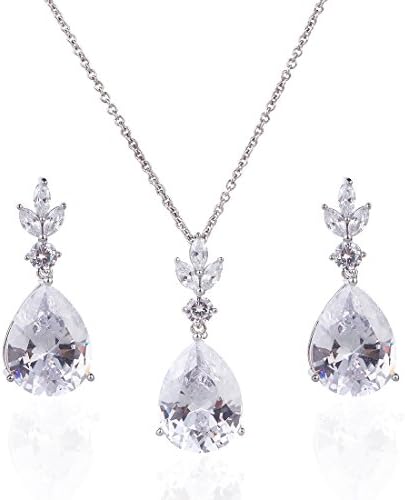 Wordless Love Glamorous Women's Cubic Zirconia Pear Shaped Wedding Necklace Teardrop Earrings Set