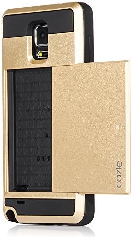 Galaxy Note 4, Dual-layer Heavy Duty Matte Rugged Protective Cover with Slider ID Credit Card Slot Cash Holder for Samsung Galaxy Note 4 by Cazle (Gold)