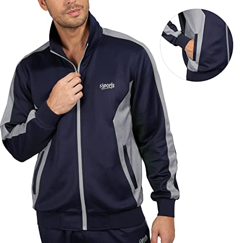 Sportswear for Men 2 Pieces with Zipper Jackets Sports Athletic Tracksuits Navy Blue Grey XX-Large