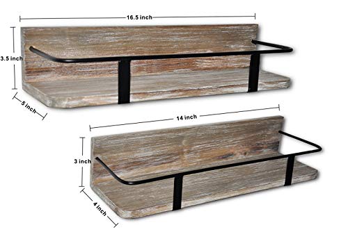 Spiretro Set of 2 (Large & Small) Grey Wall Mount Floating Shelves Rustic Torched Wood Espresso Black Metal Rail Storage Organize and Display for Living Room Bedroom Kitchen Room Bathroom Closet