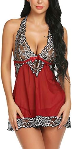 TLGAVQUEEN Women's V-Neck Lace Up Lingerie Babydoll Mesh Chemise Bodysuit Sleepwear