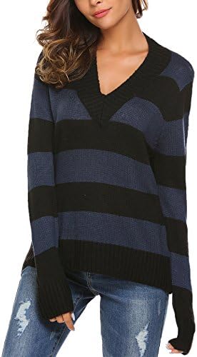 Womens Long Sleeve Striped Pullover Sweater V-Neck Loose Fit Casual Top
