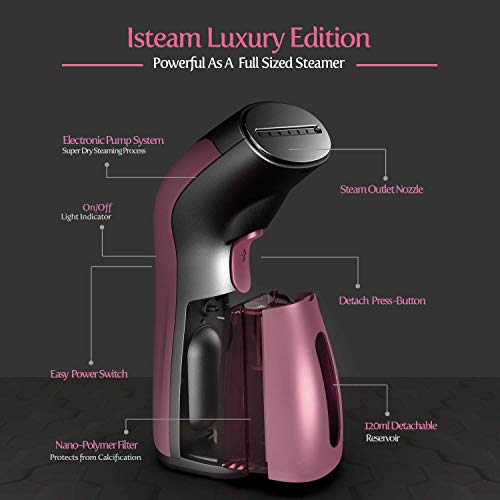 iSteam Steamer for Clothes [Luxury Edition] Powerful Dry Steam. Multi-Task: Fabric Wrinkle Remover- Clean- Refresh. Handheld Clothing Accessory. for All Kind of Garments. Home/Travel [220V Pink]