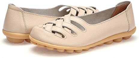 WQINSHOE Women's Leather Loafers Slip On Moccasins Casual Driving Flat Shoes With Memory Foam Insole Beige 40