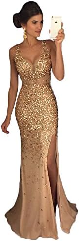 Luxury Crystal Mermaid Dubai Long Evening Dresses 2017 New Beaded Sheer Prom Dress Vestido De Festa Champagne-US4