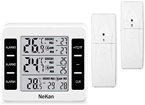 YOUWEIA Refrigerator Thermometer Digital Freezer Thermometer with Indoor Outdoor Temperature Monitor and 2 Wireless Sensors, Audible Alarm, Min/Max Record for Home, Office, etc