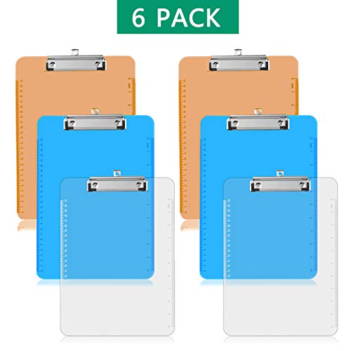 Plastic Clipboards, 6 Pack Hangable Letter Size with Side Ruler Flat Clip Low Profile Colorful Clipboards Office Supplies Durable Strong,A4 Stand Size 9"x12.5" Assorted (Clear,BLue,Orange)Multi Pack