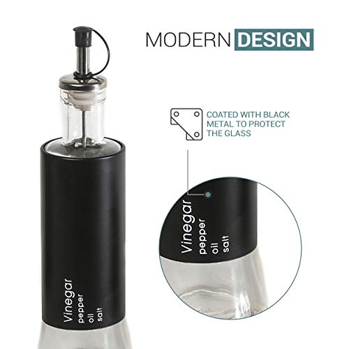 Salt and Pepper Shakers & Vinegar and Olive Oil Dispensers for the Kitchen - Airtight Glass Condiment Jars & Refillable Bottles - 4 Pcs Covered in Protective Black Metal & Stainless Steel Tops