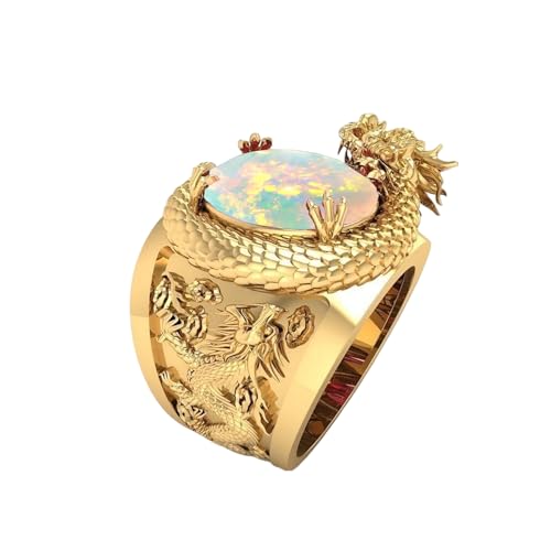 QKABTI Solid 10K 14K 18K Gold 1.0-5.0 Ct Dragon Pattern Gemstone Men Rings,Oval Shape Onyx,Emerald,Garnet,Sapphire,Amethyst Size 4-16