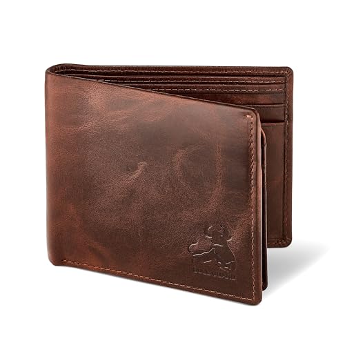 BULL GUARD Mens RFID Blocking Bifold Wallet Soft Genuine Leather Brown Western | Secure and Durable Extra Capacity Billfold with 11 Credit Cards, Flip Up ID