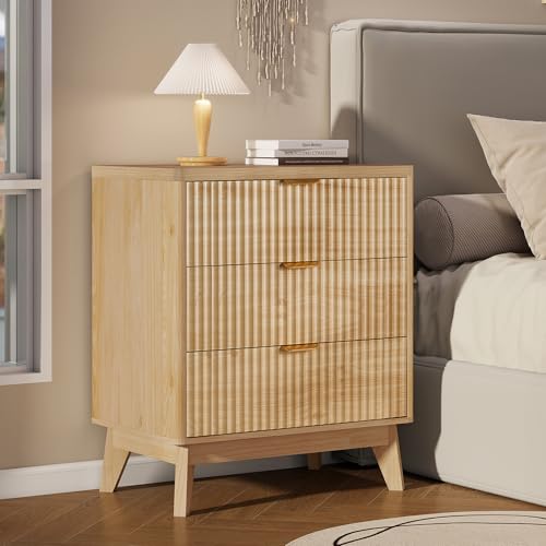 LYNCOHOME Fluted Nightstand, Bedside Table with Storage, Tall Night Stand with Drawers for Bedroom, Nature