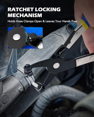 Orion Motor Tech Alicates de Abrazadera de Manguera de 9 Piezas para Mangueras de Aceite Combustible y Agua, Kit de Removedor de Abrazadera de Manguera de Largo Alcance Automotriz con Cable Flexible Clic R tipo Mordaza Giratoria Estuche de Alicates de Banda Plana, Azul