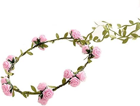 Flower Hair headband, Flower Fairy Bohemian Braid Wedding Crown for Summer Beach Party (Pink)