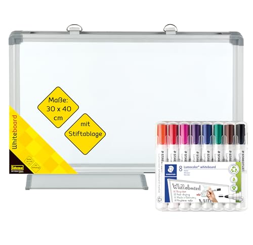 Idena 90886 Whiteboard with Pen Tray Approx. 40 x 30 cm Including 8 Staedtler Lumocolor Whiteboard Markers with Bullet Tip Approx. 2 mm Line Width
