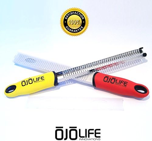 Premium Quality MicroPlane Grater Lemon Zester - Multi Use Shredder - Complemented with E-Cookbook - RED Rubberized Non Slip Handle &amp; Razor Sharp Stainless Steel by OjoLife Innovations