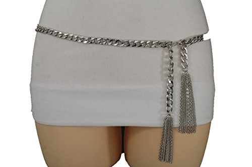 TFJ Women Fashion Metal Chains Belt Hip Waist Wrap Around Fringes Plus M L Silver