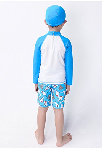 Monvecle Little Boys' 3-Pieces Shark Rash Guard Swimsuits UPF 50+ Sun Protection Swim Set Blue 7-8Y