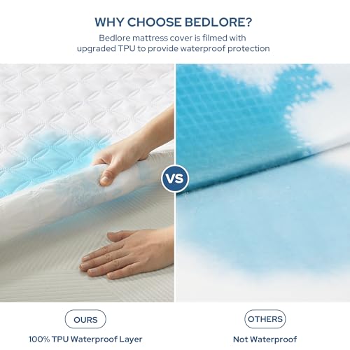BEDLORE Double Mattress Protector Waterproof, Brushed Microfiber with Upgraded TPU Layer, Extra Deep Pocket Fitted Sheet Style, Hypoallergenic, Breathable, Noiseless (White)