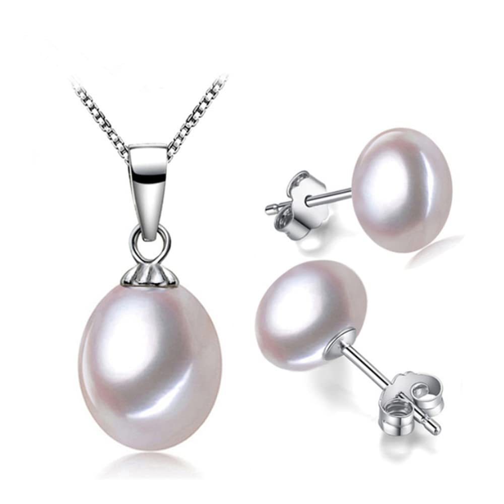 Treasure Bay Women's Pearl Jewellery Set Classic AA Grade 8-9mm Freshwater Pearl Necklace and Earrings Jewellery Set For Women Ladies and Girls Colour: White Grey Pink Black (White)