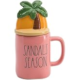 Rae Dunn Coffee Mugs with Decorative ceramic Lids, Sandals Season/Palm Tree/Coral