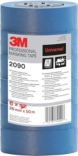3M Professional Masking Tape 2090, Universal Surfaces, Tower Pack of 6 rolls, 36 mm x 50 m - UV stable, Water Resistant, For Indoor & Outdoor Painting and Decorating