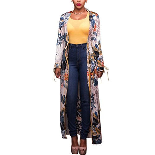Sumen Womens Floral Print Beachwear Cover UPS Boho Long Kimono Cardigan (XXL, White) - Thumbnail 3
