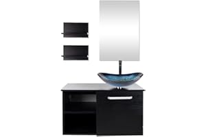Puluomis 28-Inch Bathroom Vanity, Modern Lavatory Wall Mounted Wood Cabinet with Mirror, Wood Black Fixture, Boat Blue Tempered Glass Sink Top with Single Faucet Hole