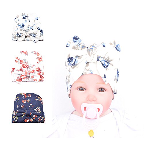 Ever Fairy Infant Baby Girls Floral Print Nursery Newborn Hospital Hat Cap with Big Bow (3 Color(Pink+Blue+Deep Blue))