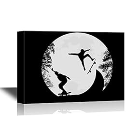 Boys with Skateboard with Moon - Canvas Art - 12x18 inches