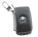 Black Key chain Bag Leather Ring Holder Case Car Auto Coin Universal Remote Smart Key cover Fob Alarm Security Zipper keychain Wallet Bag (Bmw)