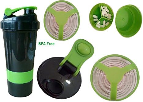 GoldenPluz Protein Shaker Bottle – 500 ml, 16 oz. – 5 Different Colors – BPA Free with Steel Whisk – Compartment Mixer (green)