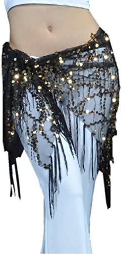 Bywen Belly Dance Sequined Tassel Fringe Waist Scarf Hip Scarf Black+Gold