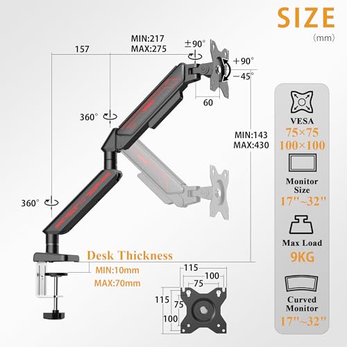 ETHU Single Monitor Arm, Adjustable Gas Spring Monitor Stand for 13-32 inch Monitor up to 9kg, Full Motion Computer Monitor Mount, LED/LCD Display Arm with VESA Pattern 75x75/100x100 Single Arm Black