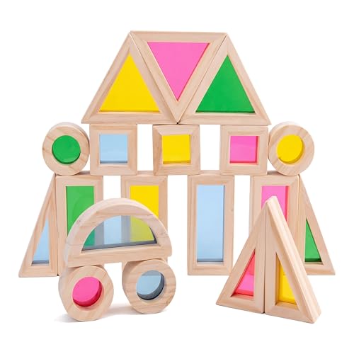 AM ANNA Rainbow Wooden Building Blocks for Toddlers 1-3, 24 Pcs Rainbow Stacker Stacking Game Construction Building Toys Set, Preschool Colorful Learning Educational Toys Boys & Girls