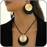 CIWEAI Black and Gold Disc Jewelry Sets for Women Boho Round Leather Cord Pendant Necklace Fashion Large Circle Medallion Dangle Hook Earrings Statement Necklaces