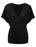 Zeagoo Women's Summer Batwing Sleeve V-Neck Wrap Front Drape Top,Black,Large