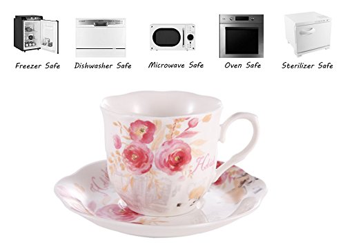 Bone China Tea Cups Coffee Cups and Saucers Sets of 2 Rose Painting Pattern Espresso Cups 7oz